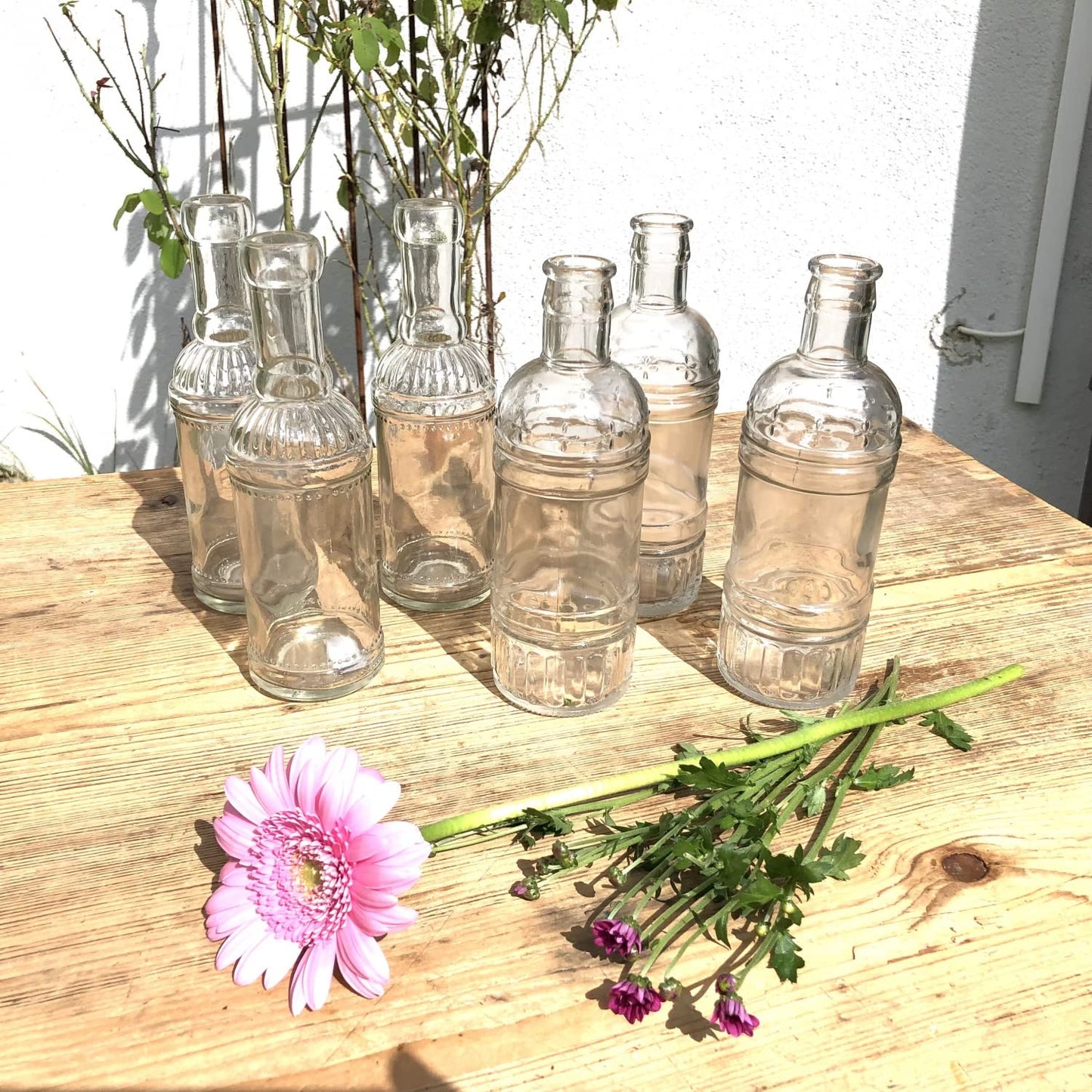 6-TLG. Set Glas Flaschen Vasen im Vintage Look H 20,5 cm
