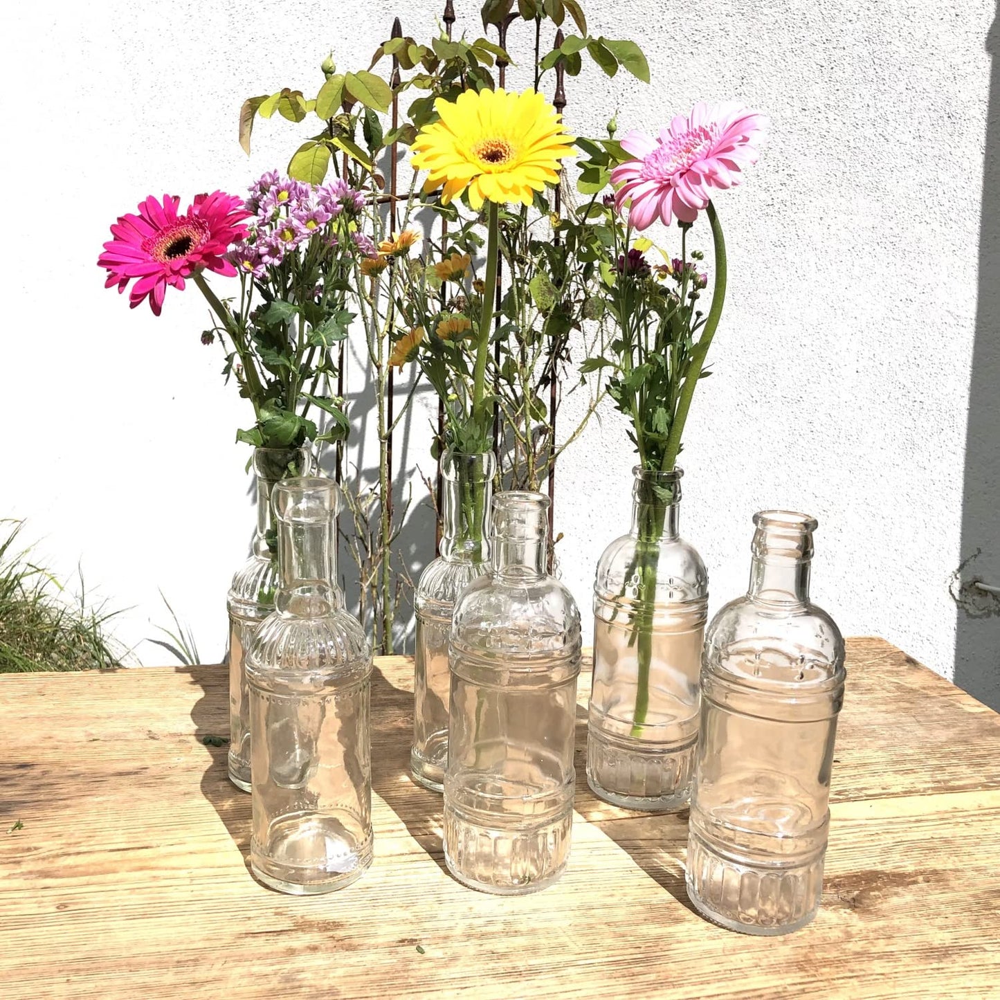 6-TLG. Set Glas Flaschen Vasen im Vintage Look H 20,5 cm